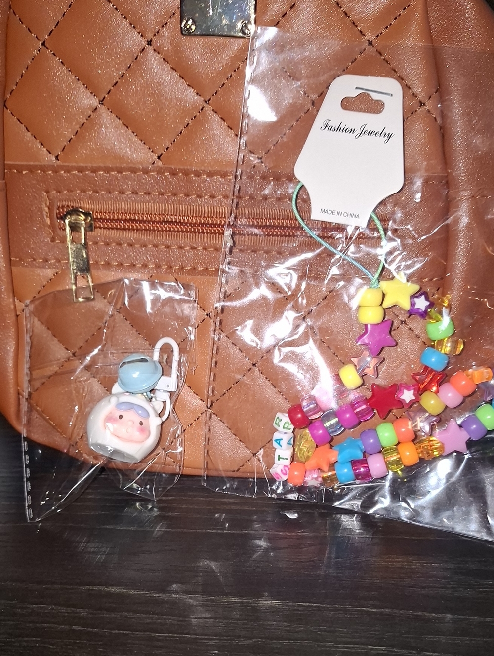 Kids Brown Quilted Backpack Accessory Set with Multicolor Bead Necklace  And Blu